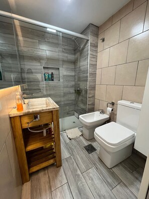 Hair dryer, towels, soap, toilet paper