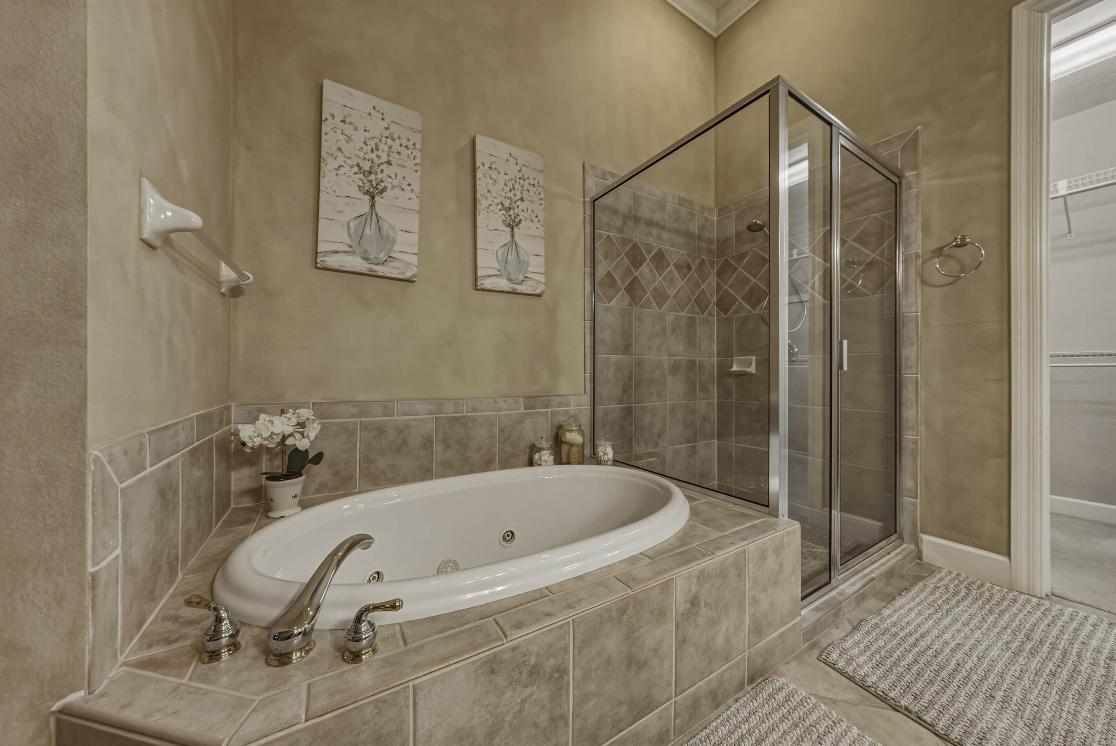 Jetted tub, hair dryer, towels