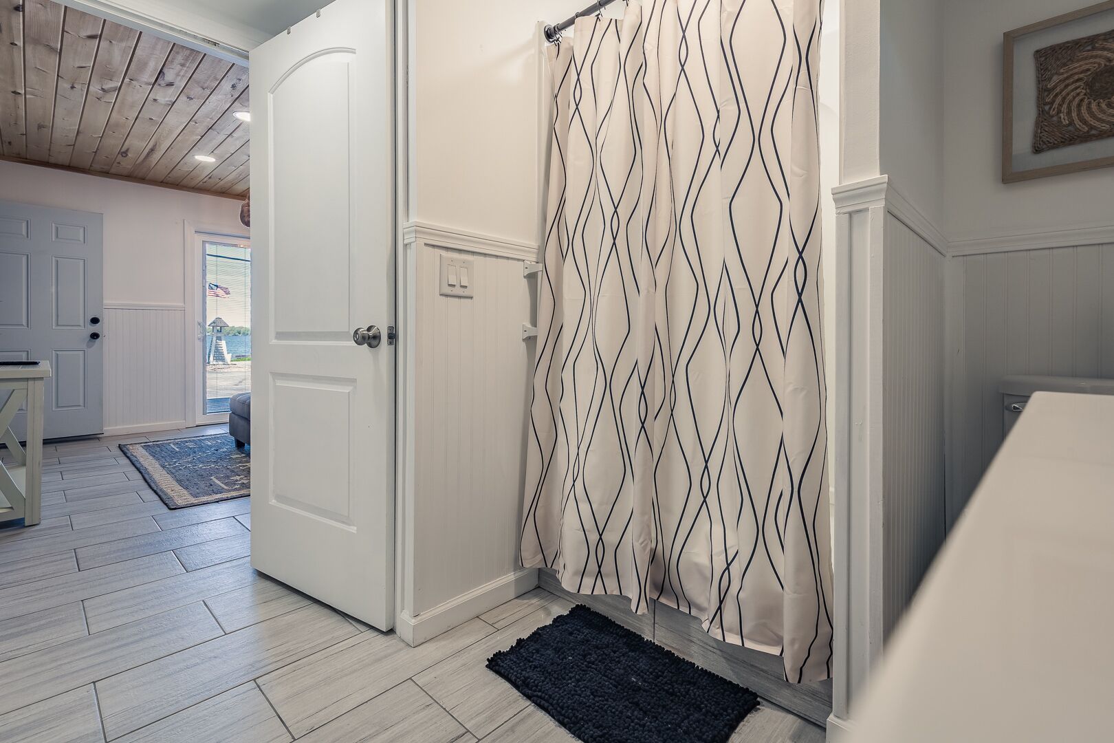A hallway with a white door, a patterned shower curtain, and a dark rug on the floor.