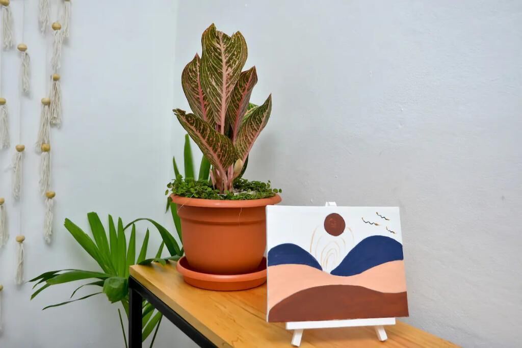 Een potplant met bonte bladeren, een klein schildersezel met een landschap en een wanddecoratie van macramé.