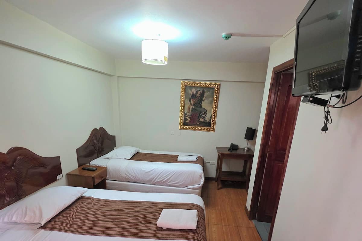 Habitación de hotel con dos camas, piso de madera, un cuadro en la pared y un televisor montado.
