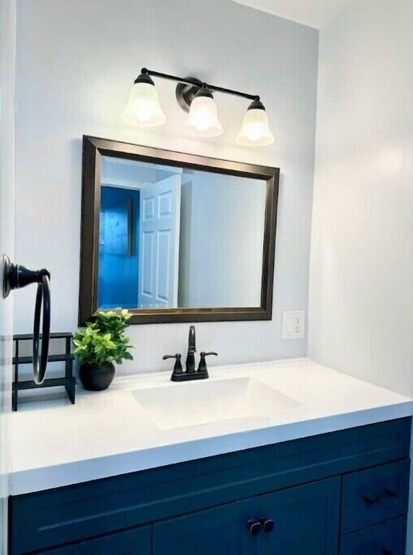Bathroom features a modern sink, mirror, and towel ring, with a potted plant on the vanity.