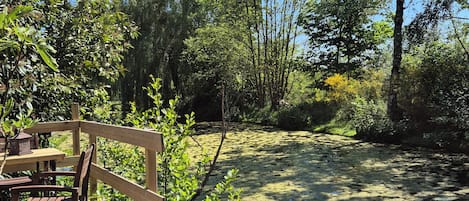 A wooden deck with a table and chairs, a kayak, and a pond.