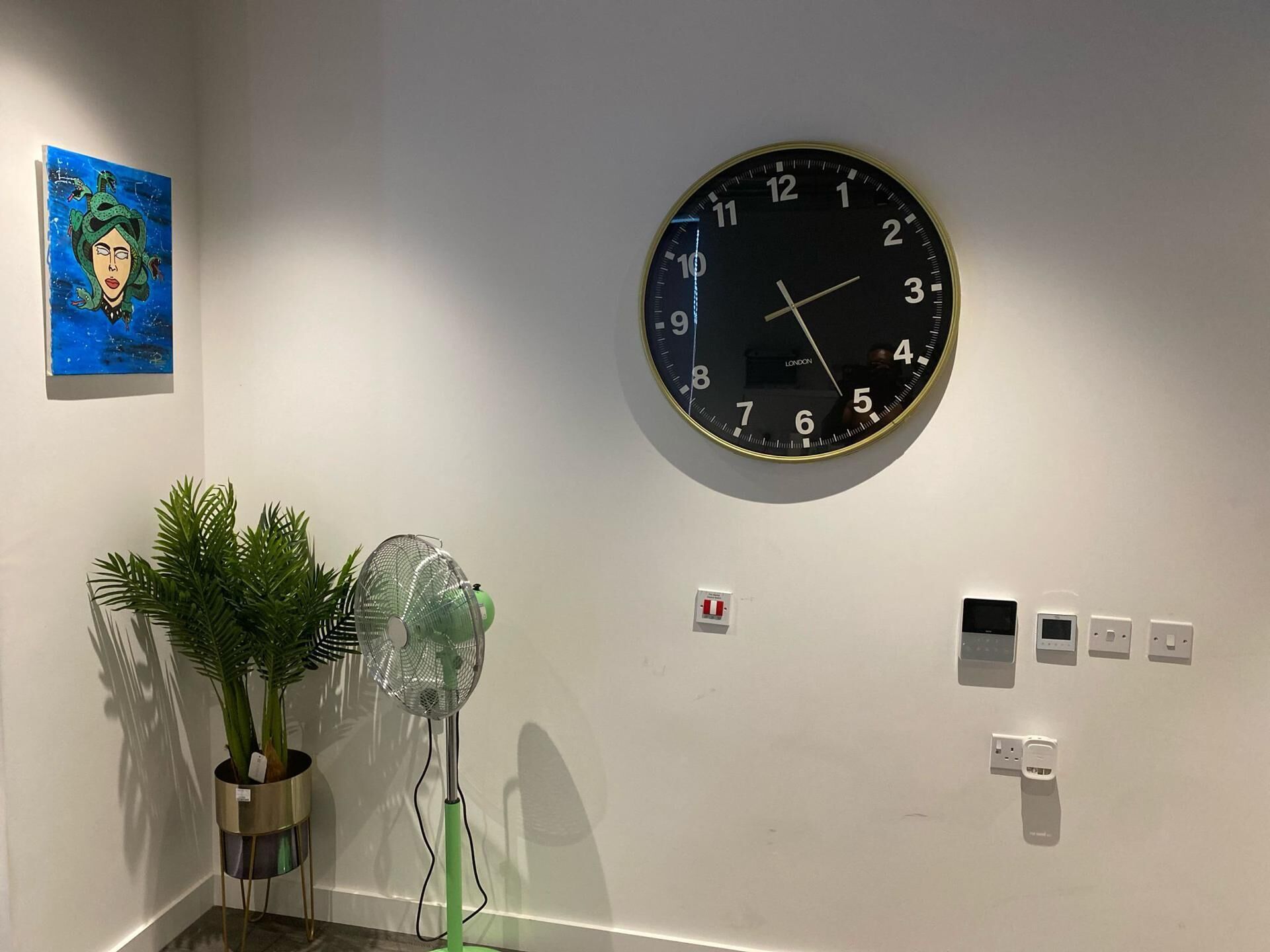 A wall-mounted clock, a potted plant, and a painting.