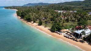 Zona costera con playa, palmeras y edificios.
