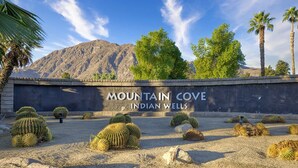 A desert landscape with cacti and palm trees, labeled "Mountain Cove Indian Wells". - Condo paradise in Indian Wells. (Indian Wells)