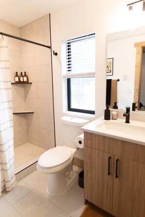 Hair dryer, towels, soap, shampoo