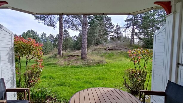 A covered patio with a wooden table and two chairs, surrounded by a grassy yard and trees. - Appartement Belle Dune 1 Chambre (Fort-Mahon Plage)