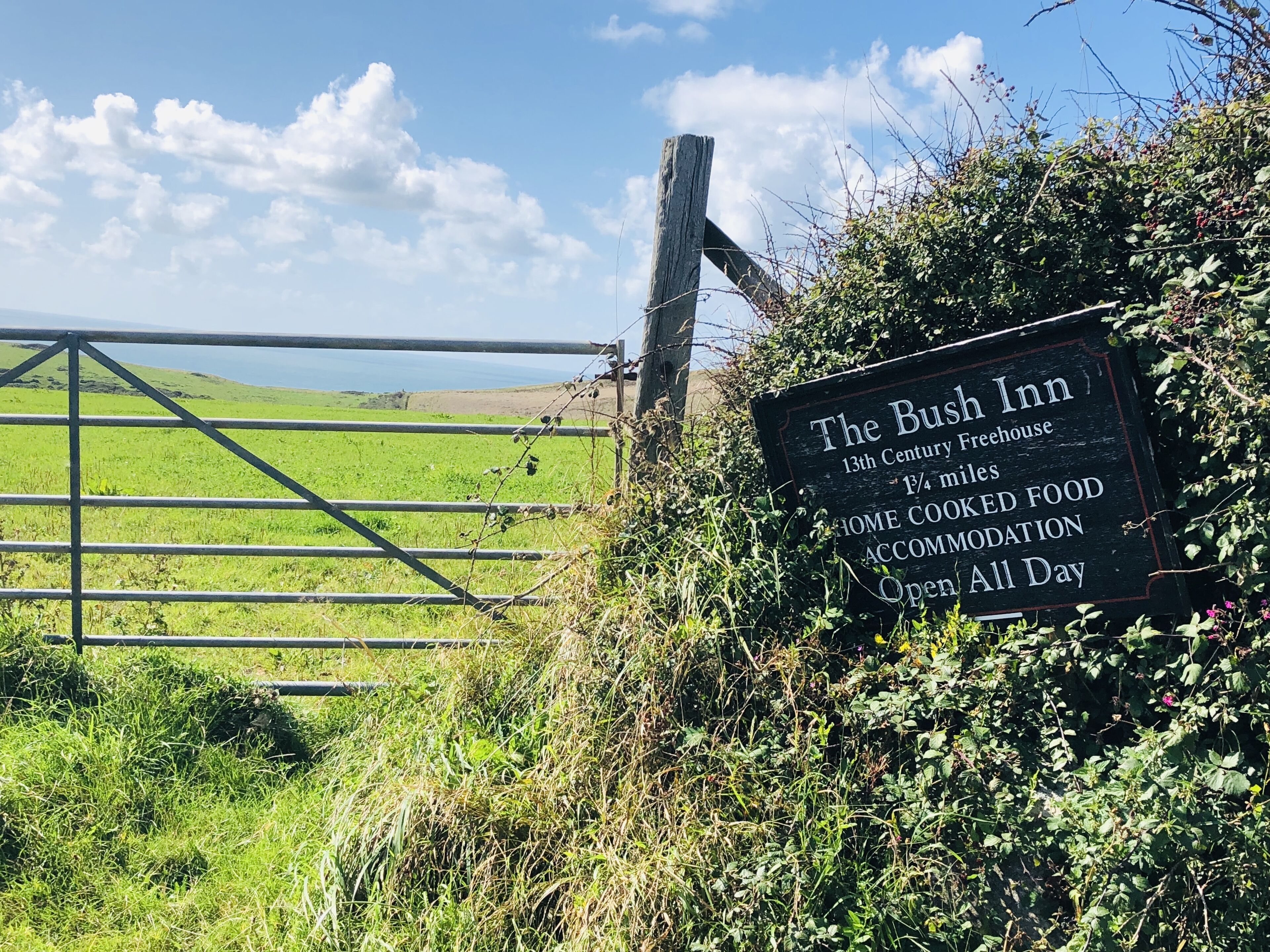 A sign for The Bush Inn, a 13th-century freehouse 1/4 miles away offering home-cooked food and accommodation open all day.