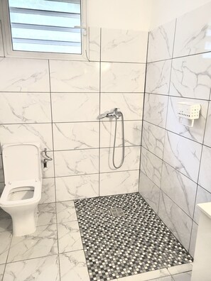 Regadera, toallas, papel de baño 