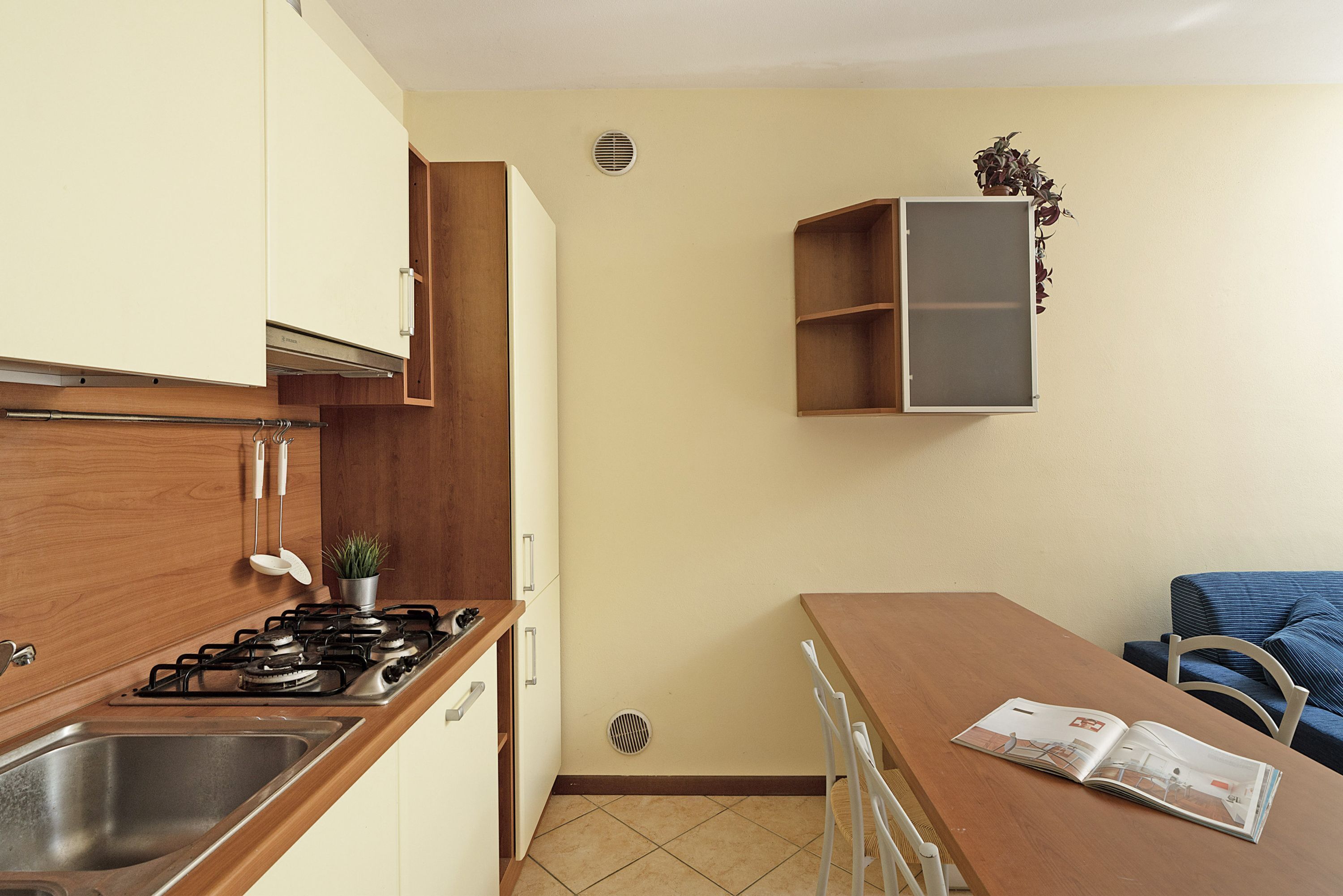 Cozinha com fogão, pia e armários. Há uma mesa de jantar com cadeiras e uma revista sobre ela. Uma planta está sobre o balcão e uma prateleira fixada na parede.