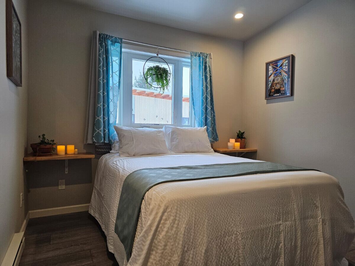 Un dormitorio con cama, una ventana con cortinas azules, una mesita de noche con una planta y una obra de arte colgada en la pared.