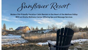 A cabin with a deck and a chair, surrounded by a natural landscape with snow patches and trees. - Sunflower Resort Susan Cabin is in the ultra-quiet Winthrop South community, with a 10 minute walk to downtown & on the pedestrian trail. (Winthrop)