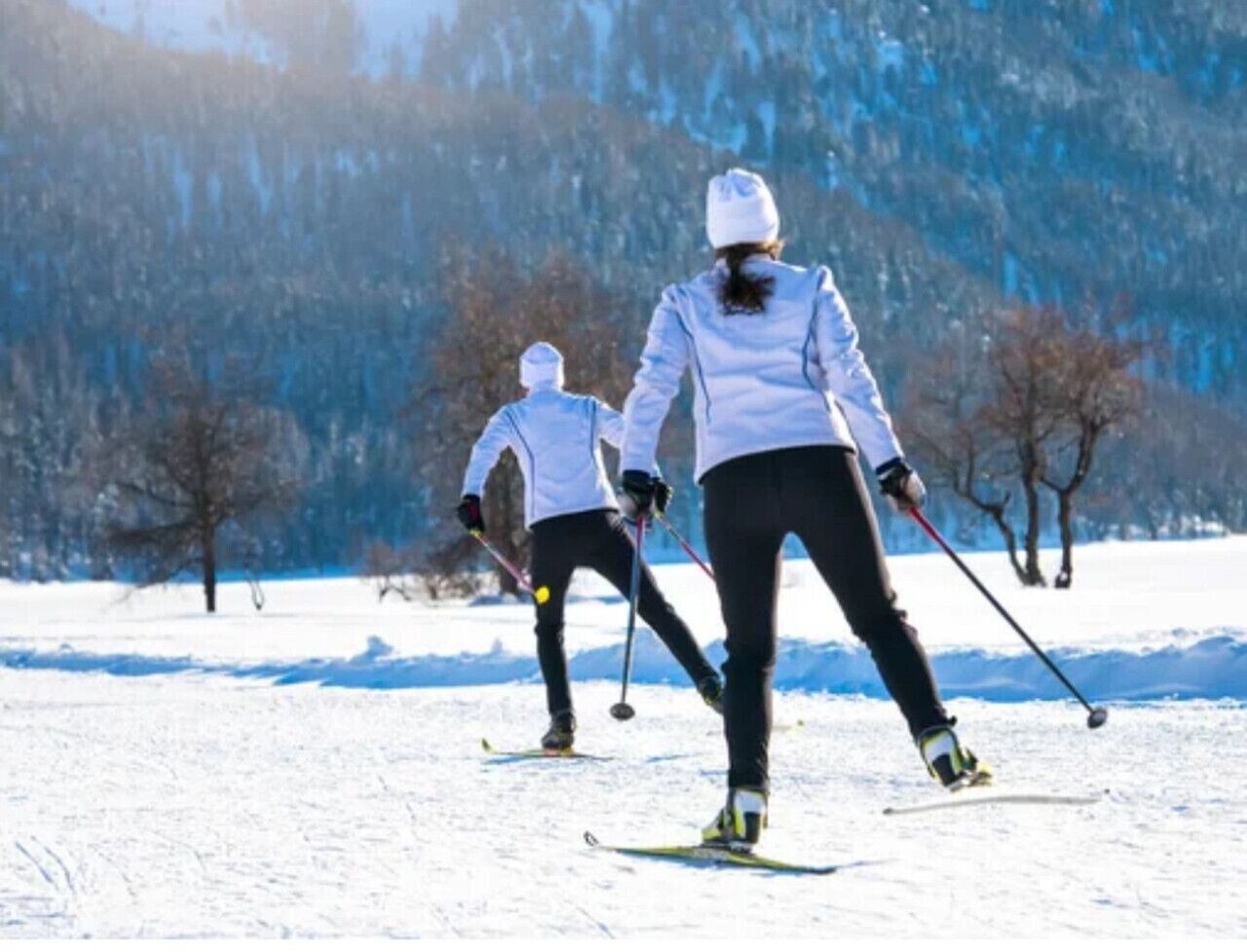 Zwei Personen langlaufen auf einem verschneiten Pfad, Bäume im Hintergrund.