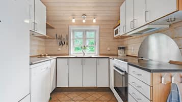 Fridge, stovetop, dishwasher, coffee/tea maker