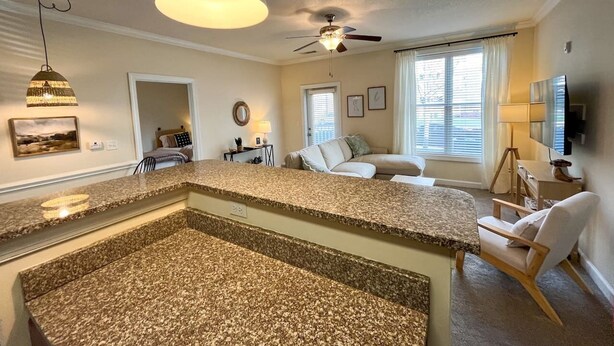 A modern kitchen with granite countertops, a ceiling fan, and a large pendant light. - Belmont 2BR - Minutes to CaroMont | 14+ Nights (Belmont)