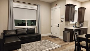 A modern living room with a black leather sofa, a large window with curtains, a kitchen area with dark cabinets, and a small trash bin.