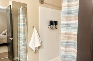 Hair dryer, towels, soap, shampoo