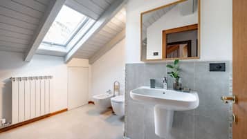Shower, hair dryer, bidet, towels