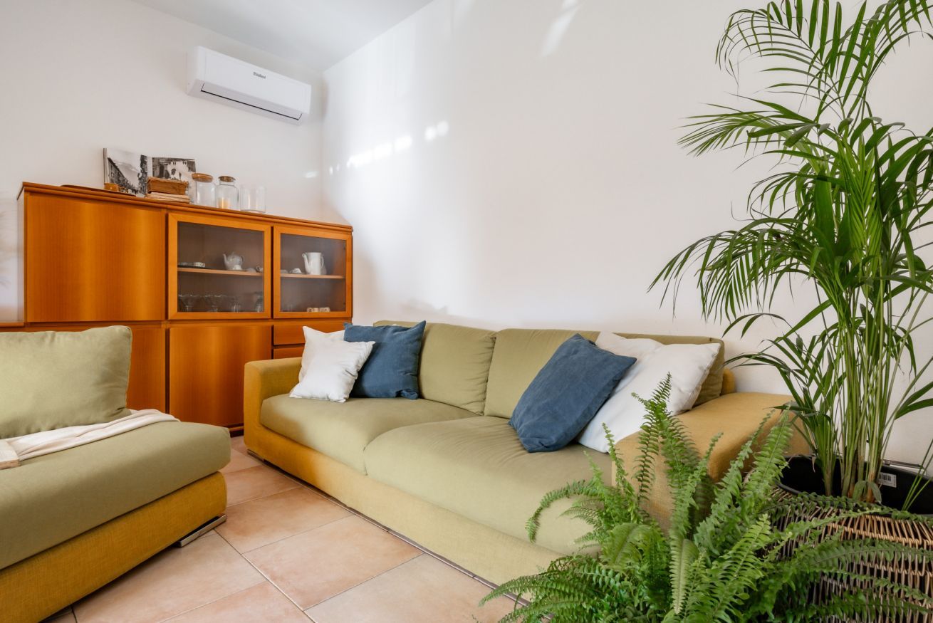 Ein Wohnzimmer mit einer Couch, einem Schrank mit Glastüren und einem Blumentopf.