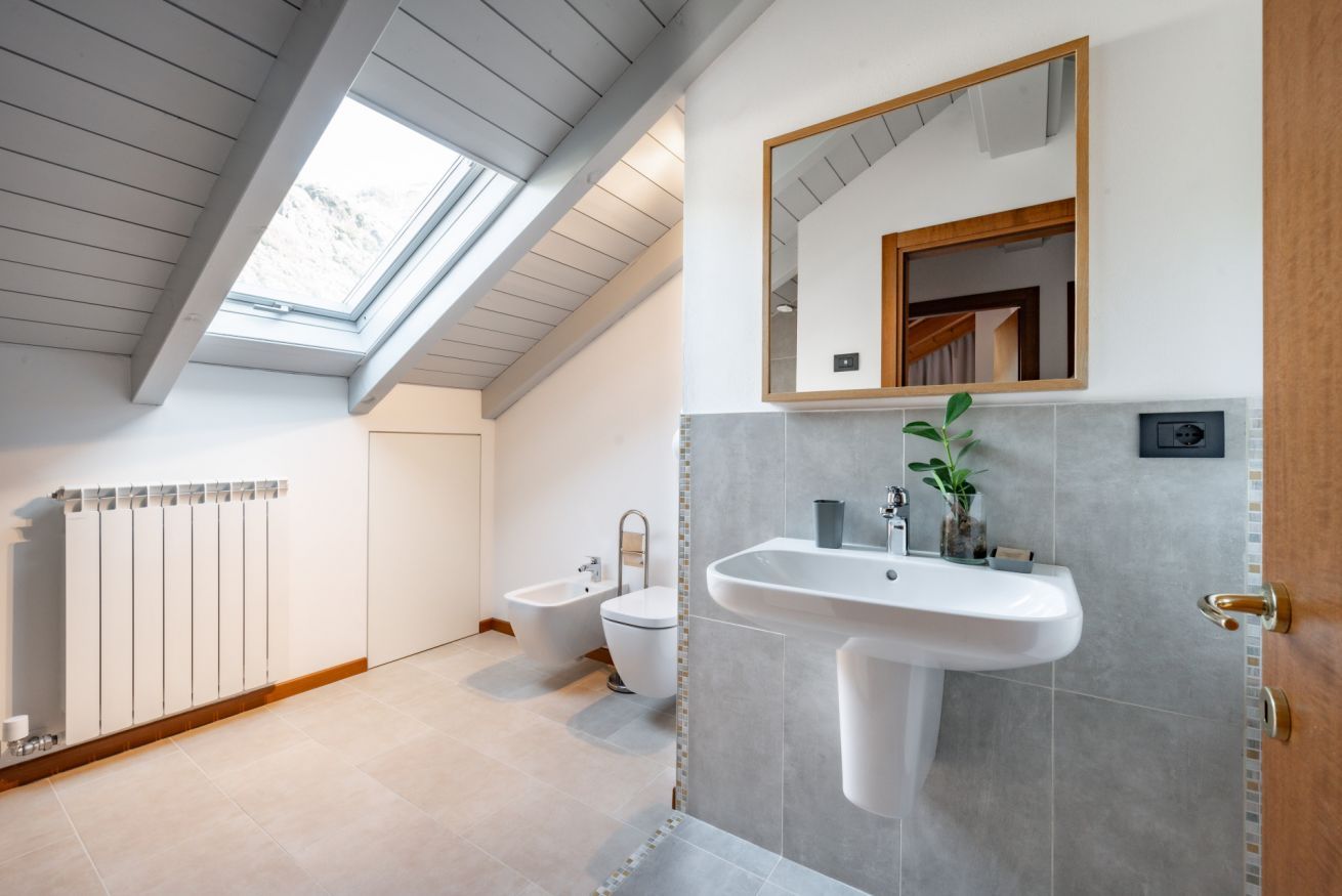 Une salle de bain moderne dotée d’un puits de lumière, d’une baignoire sur pieds, de toilettes et d’un lavabo avec un miroir au-dessus.