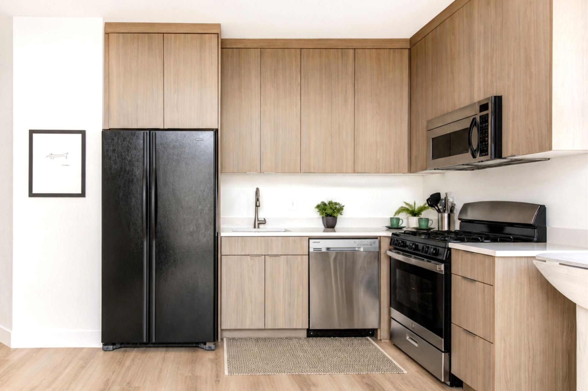 A modern kitchen with wooden cabinets, a black refrigerator, stainless steel appliances, and a small potted plant.