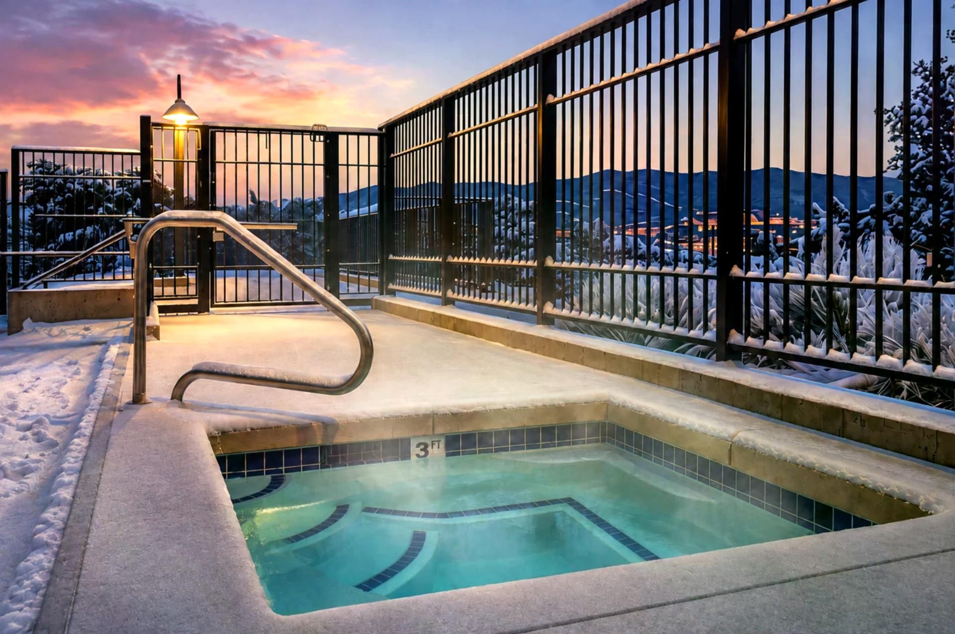 Outdoor Hot Tub at The Mason MAS-2004 - Soak under a painted winter sky with panoramic mountain views just steps from your door.
