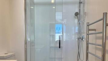 Une salle de bain moderne avec une douche à parois de verre, des toilettes blanches et un plancher en bois.
