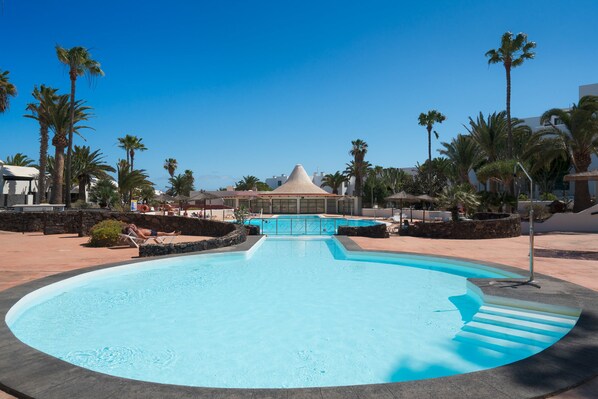 Relax by the resort pool surrounded by palm trees and lounge chairs.