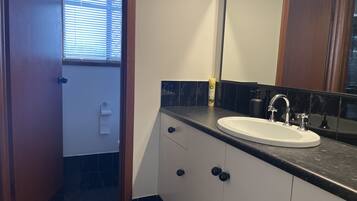 A bathroom with a white sink, dark countertop, and a mirror above it.