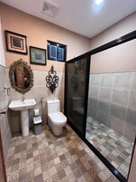 A bathroom with a sink, toilet, and shower area.