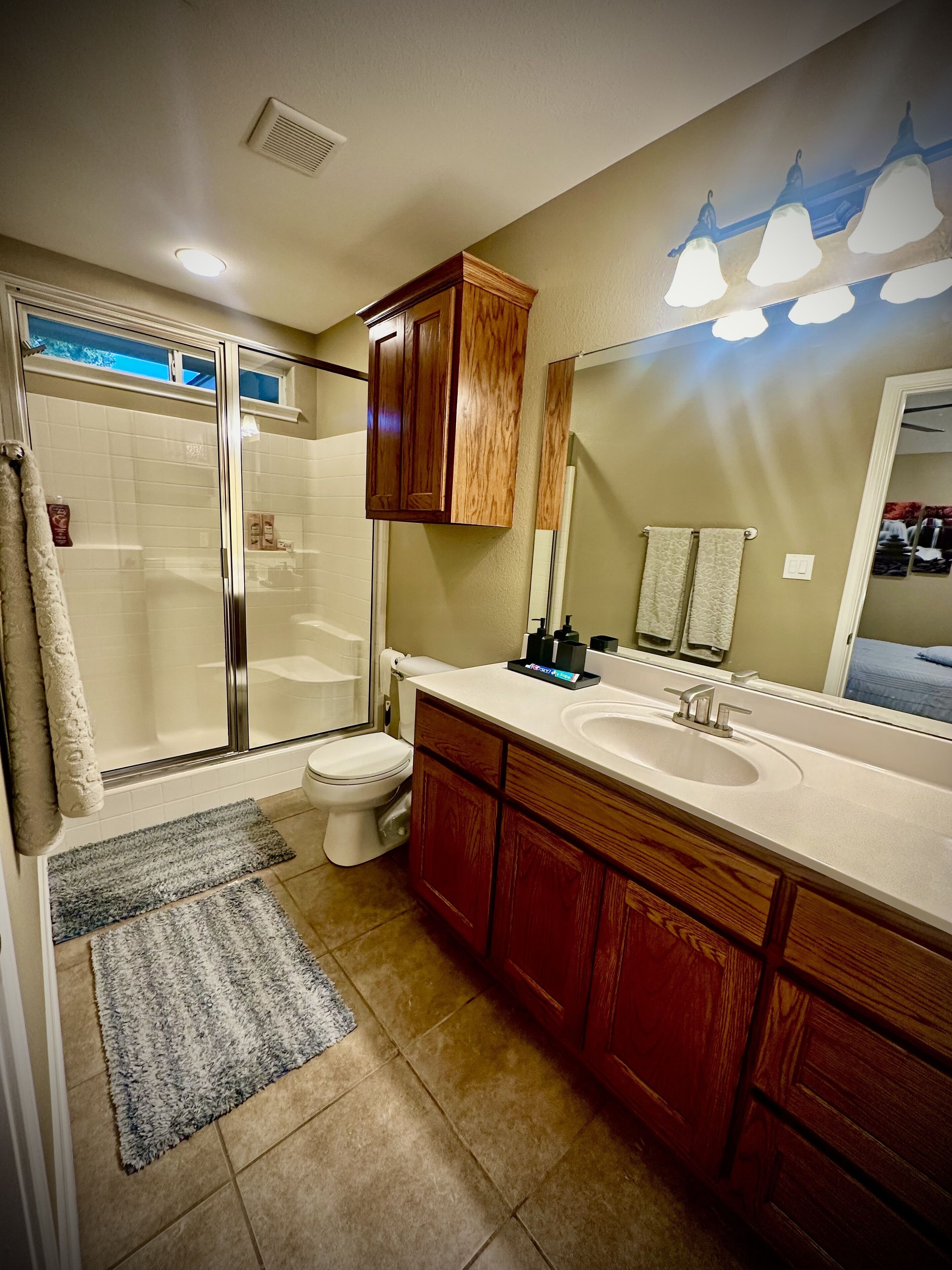 Shower, towels, soap, shampoo