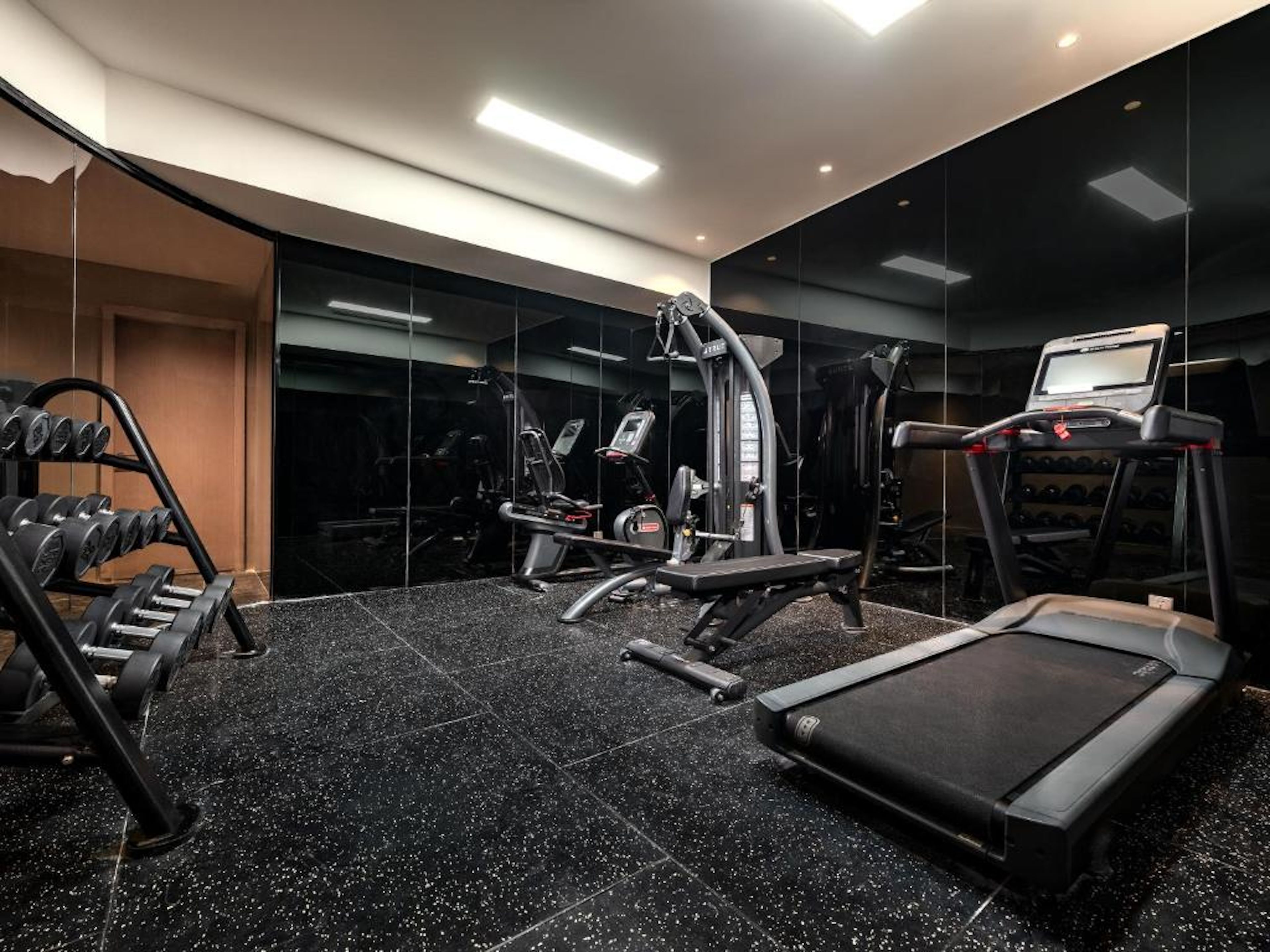 A modern gym with a variety of equipment including dumbbells, a treadmill, and weight machines.