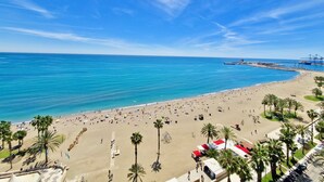 Une plage bordée de palmiers, une jetée et un ciel bleu azur.