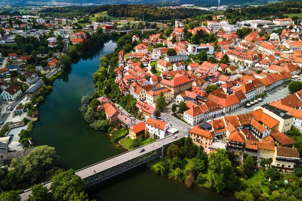 An aerial view of a town with a river, red-roofed buildings, and a bridge.
