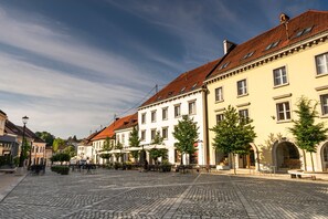 Une rue pavée bordée de bâtiments historiques, avec des terrasses et un ciel dégagé.