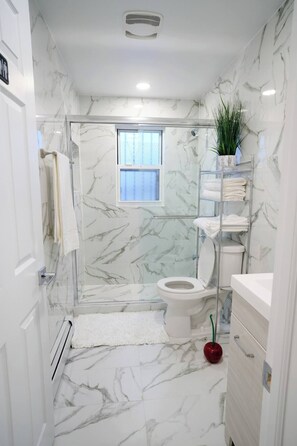 Ducha, secador de pelo, toallas, jabón