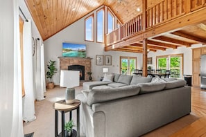 Smart TV, fireplace, foosball, books