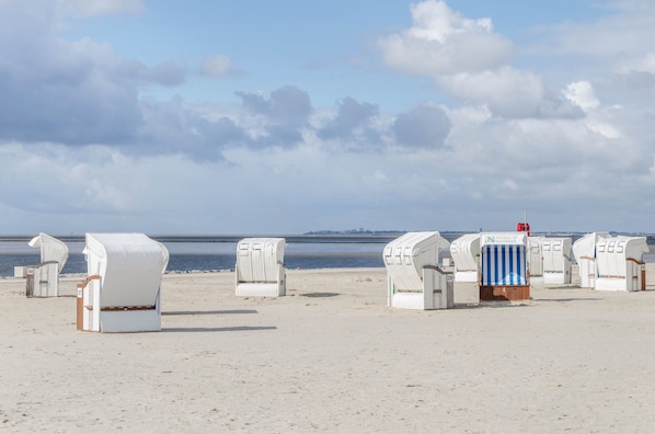 Beach huts with a view of the sea, arranged in rows on a sandy beach.