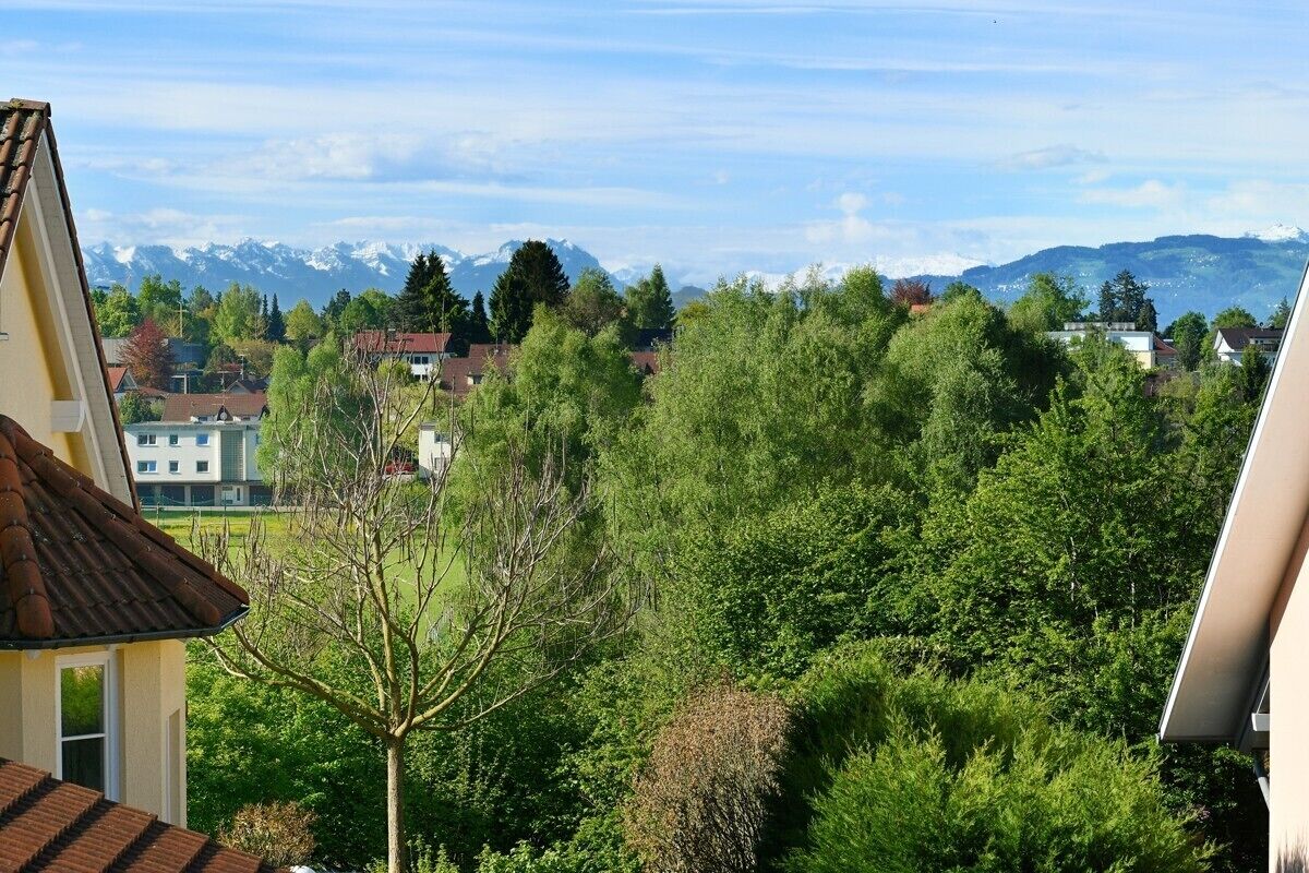 Un quartier résidentiel avec des maisons, des arbres et des montagnes en arrière-plan.