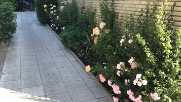 Un vialetto lastricato accanto a un edificio in mattoni con un giardino pieno di roseti.