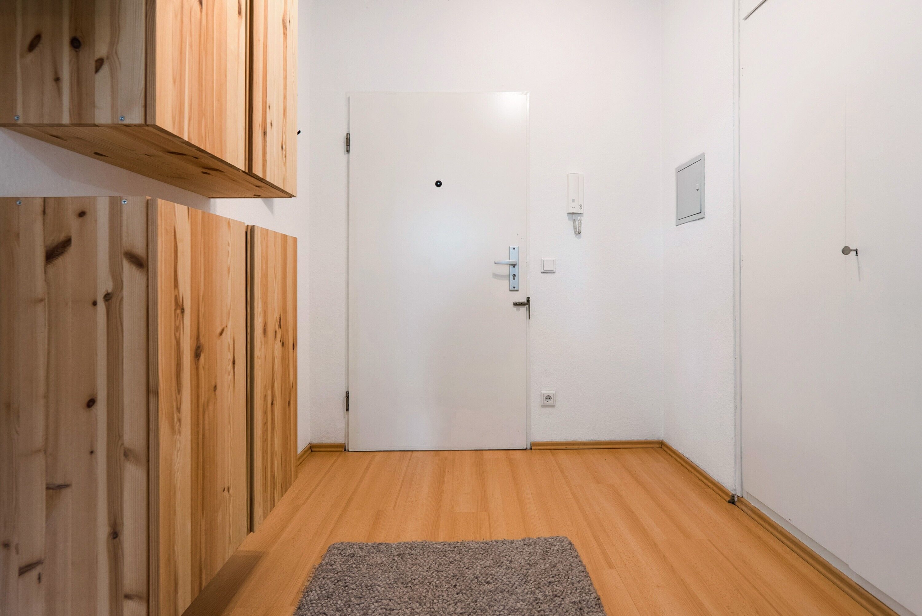 Un pasillo con paneles de madera, una puerta blanca, un interruptor de luz y un termostato en la pared.