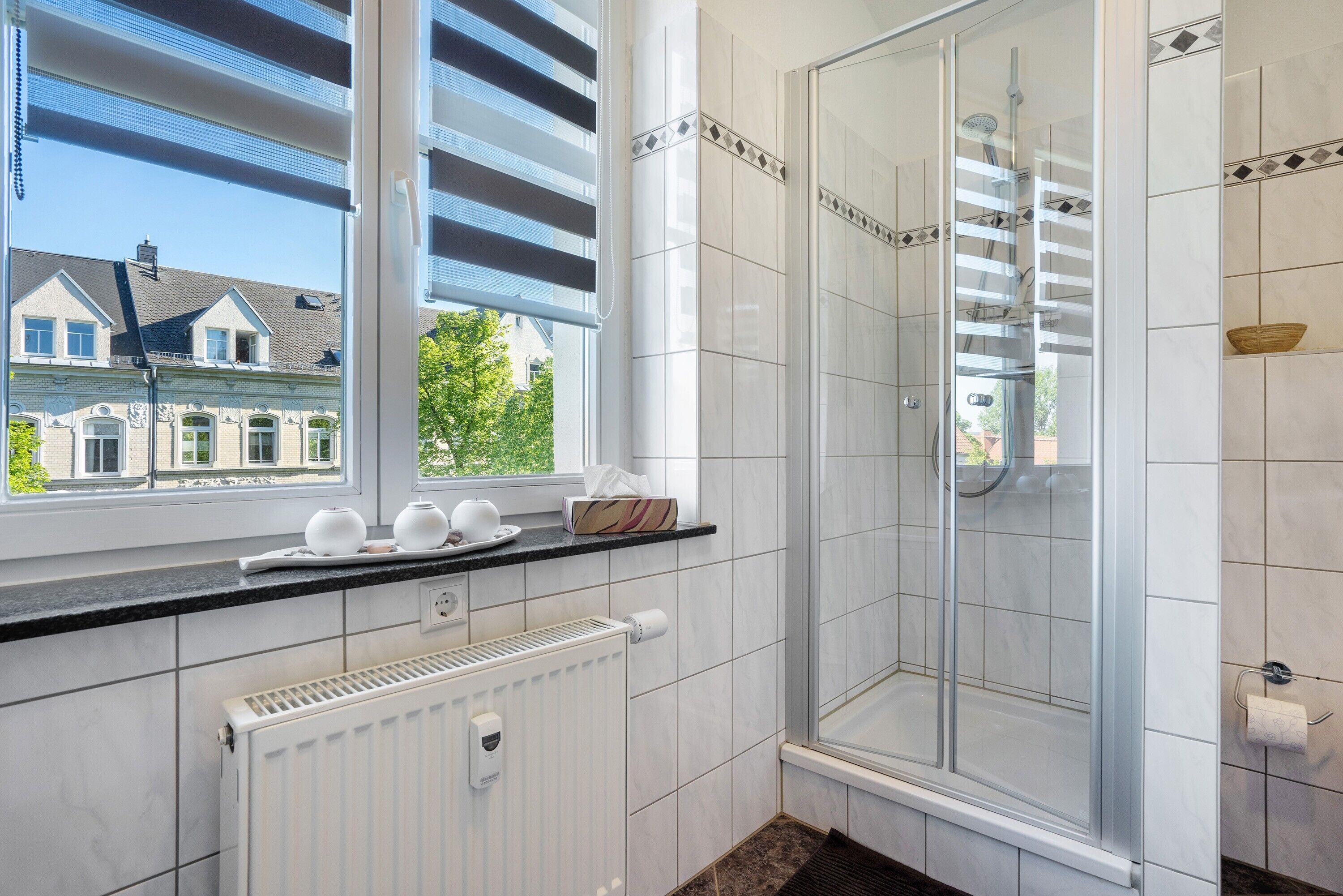 Shower, free toiletries, hair dryer, towels