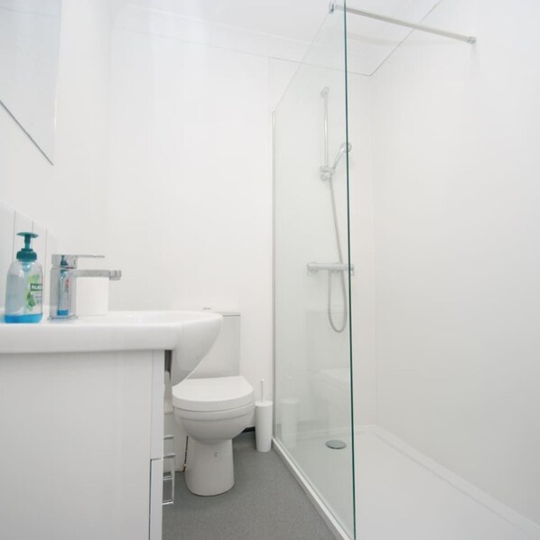 A modern bathroom with a glass shower enclosure, a white sink, and a toilet. - Margate Garden Apartment (Margate)