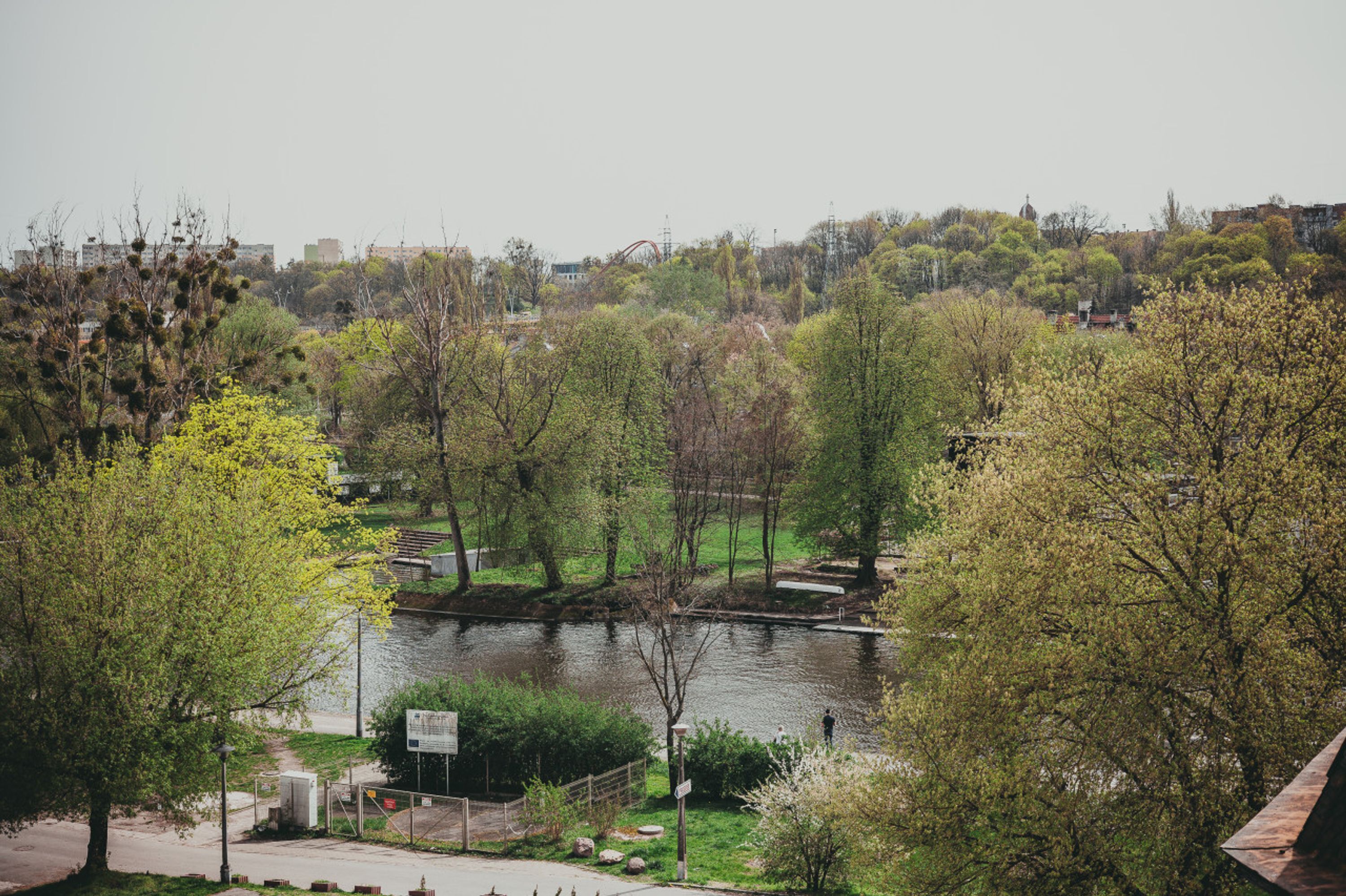 Un parque con un río, árboles y un puente.