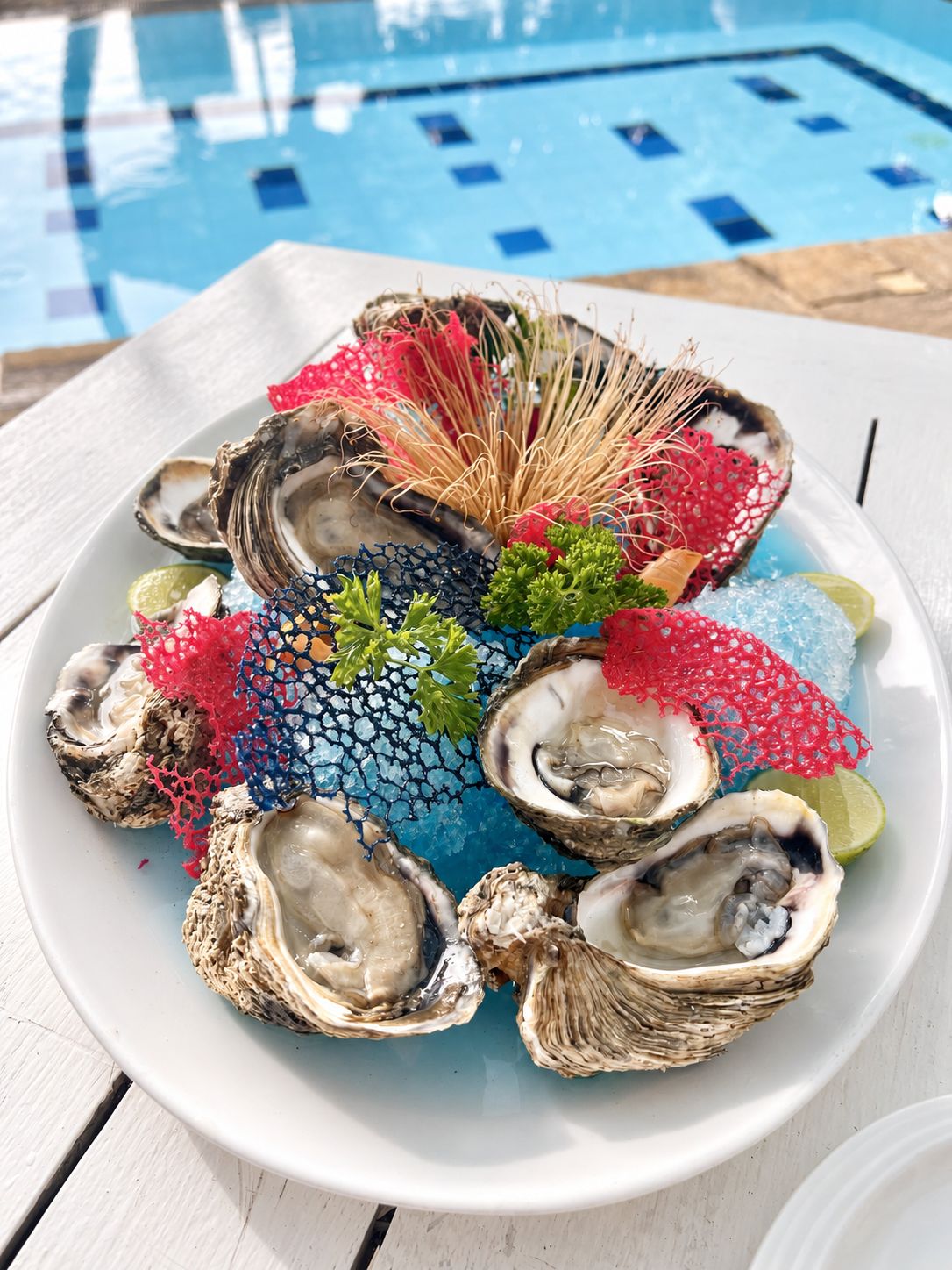 A white plate with oysters, decorative elements, and a blue background.