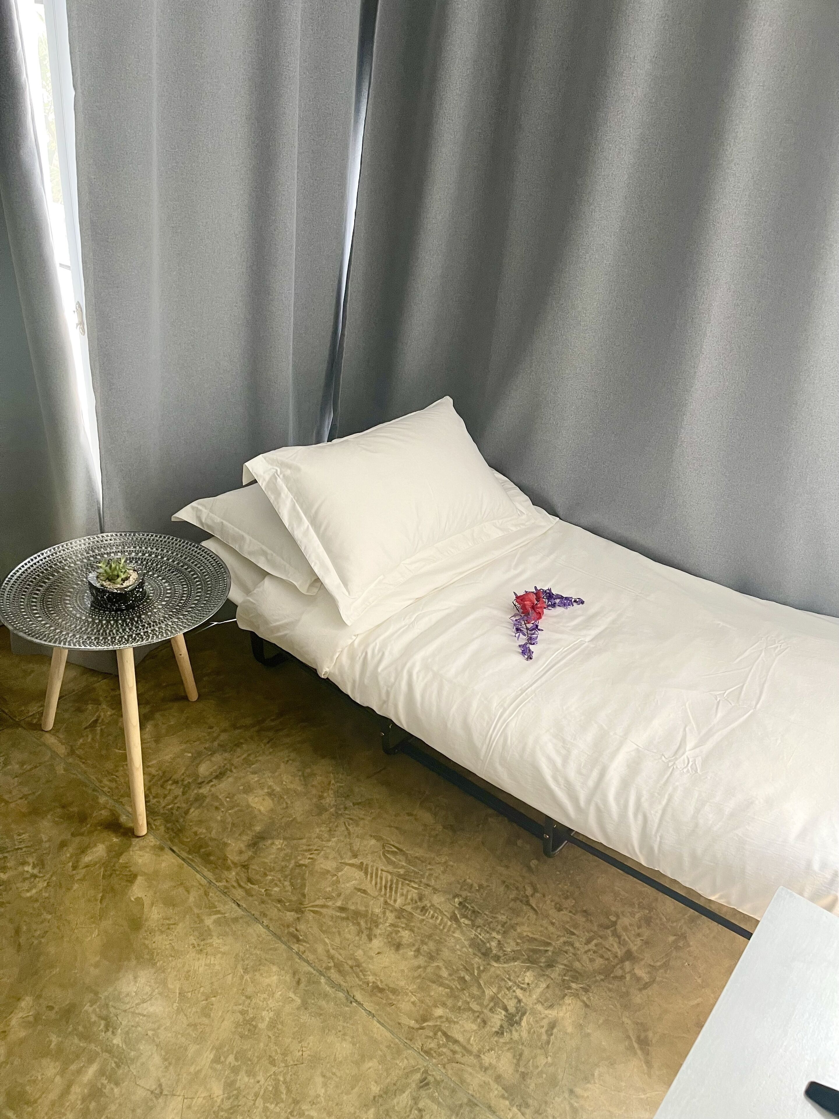 A single bed with white bedding, a small round table with a potted plant, and a window with grey curtains.