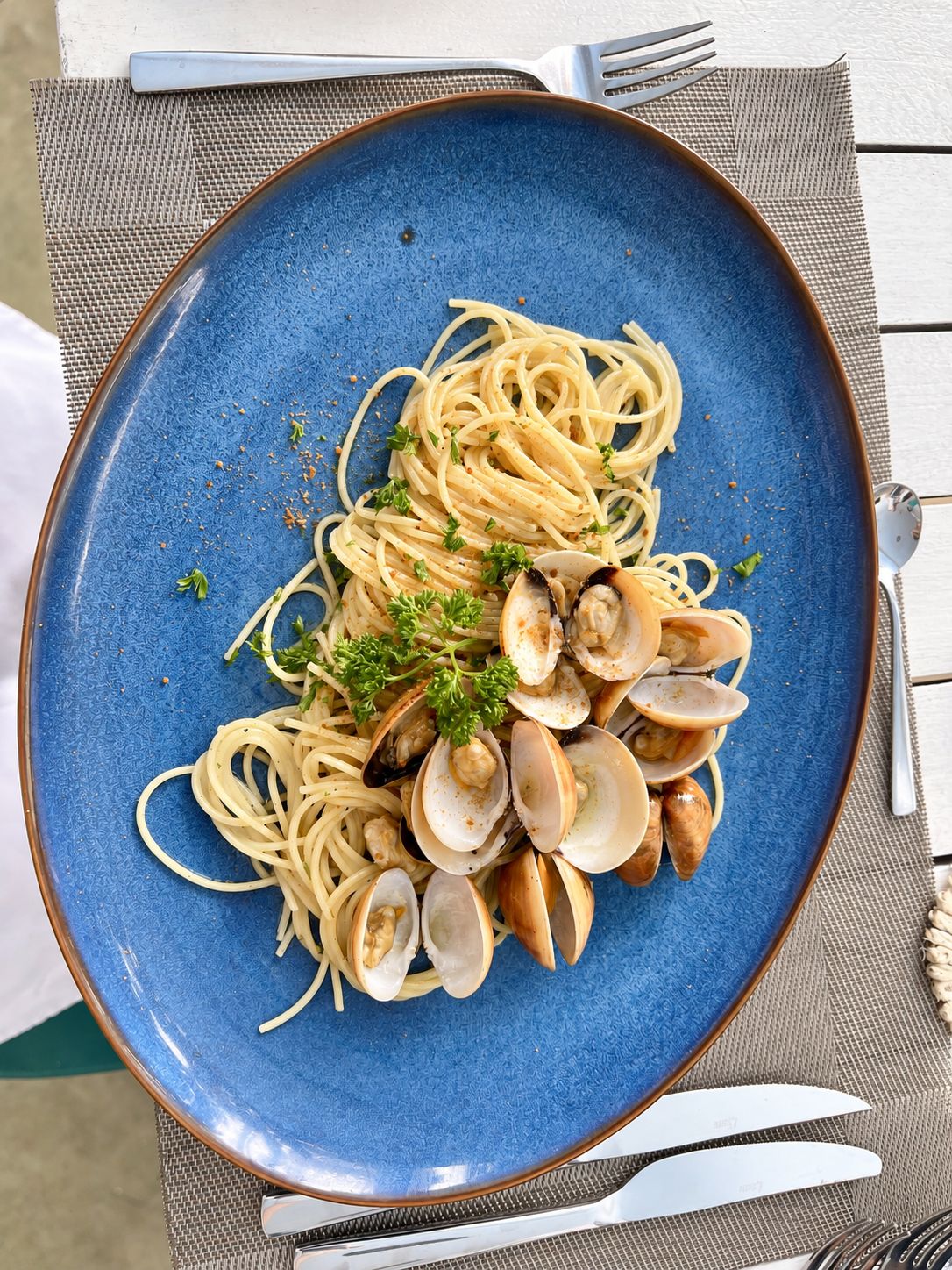 A plate of spaghetti with clams and parsley garnish.