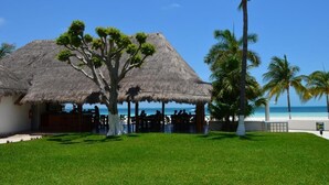 A thatched-roof structure with a tree in front, overlooking a beach with palm trees and a clear sky. - Vacation getaway with beach access & balcony (CancÃºn)