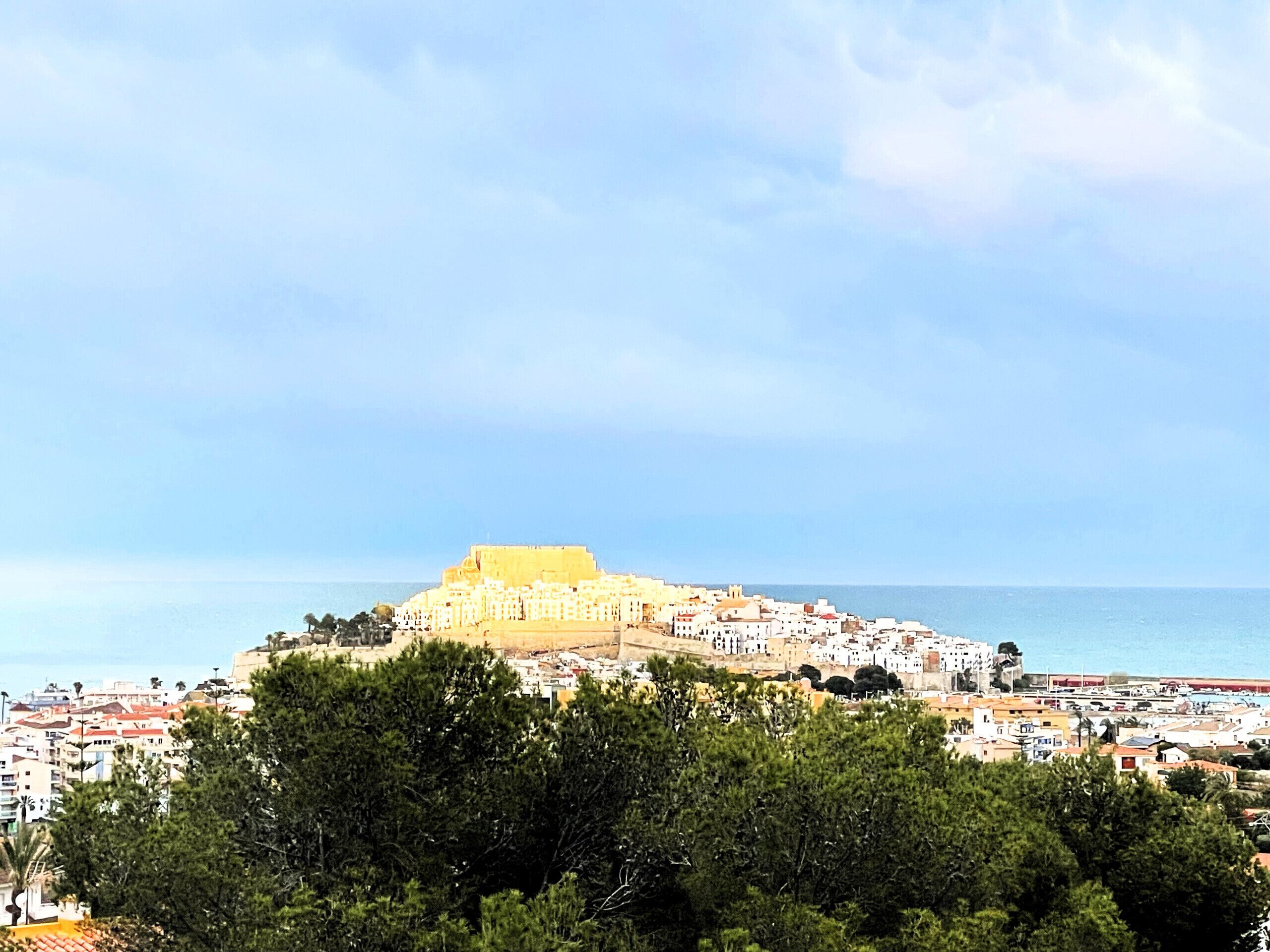 A coastal cityscape with a prominent fortress-like structure on a hill, surrounded by dense greenery and a clear sky.